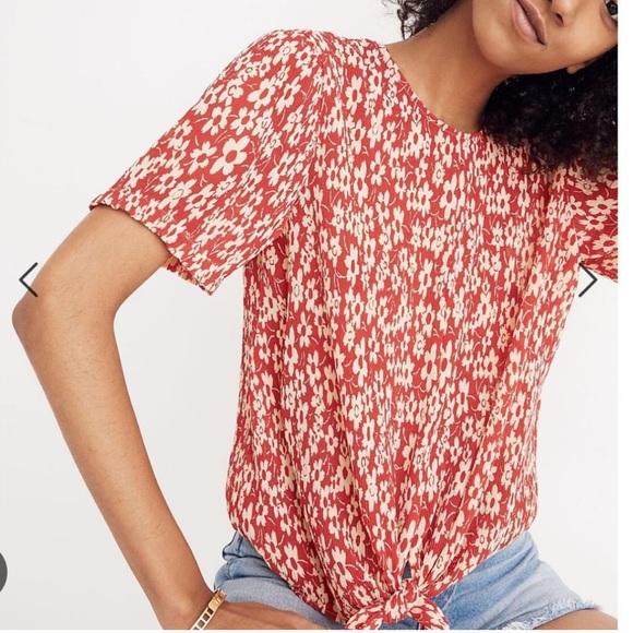 Madewell Red Floral Crinkled Chiffon Sheer Blouse - Picture 1 of 6